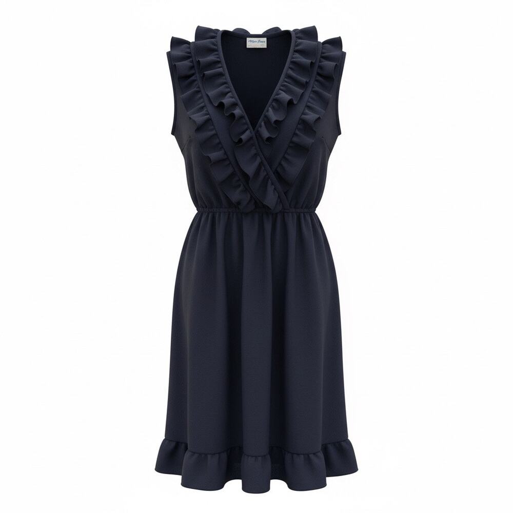 Miss Joni of California Vintage Navy Blue Ruffle Neckline Tiered Hem Dress